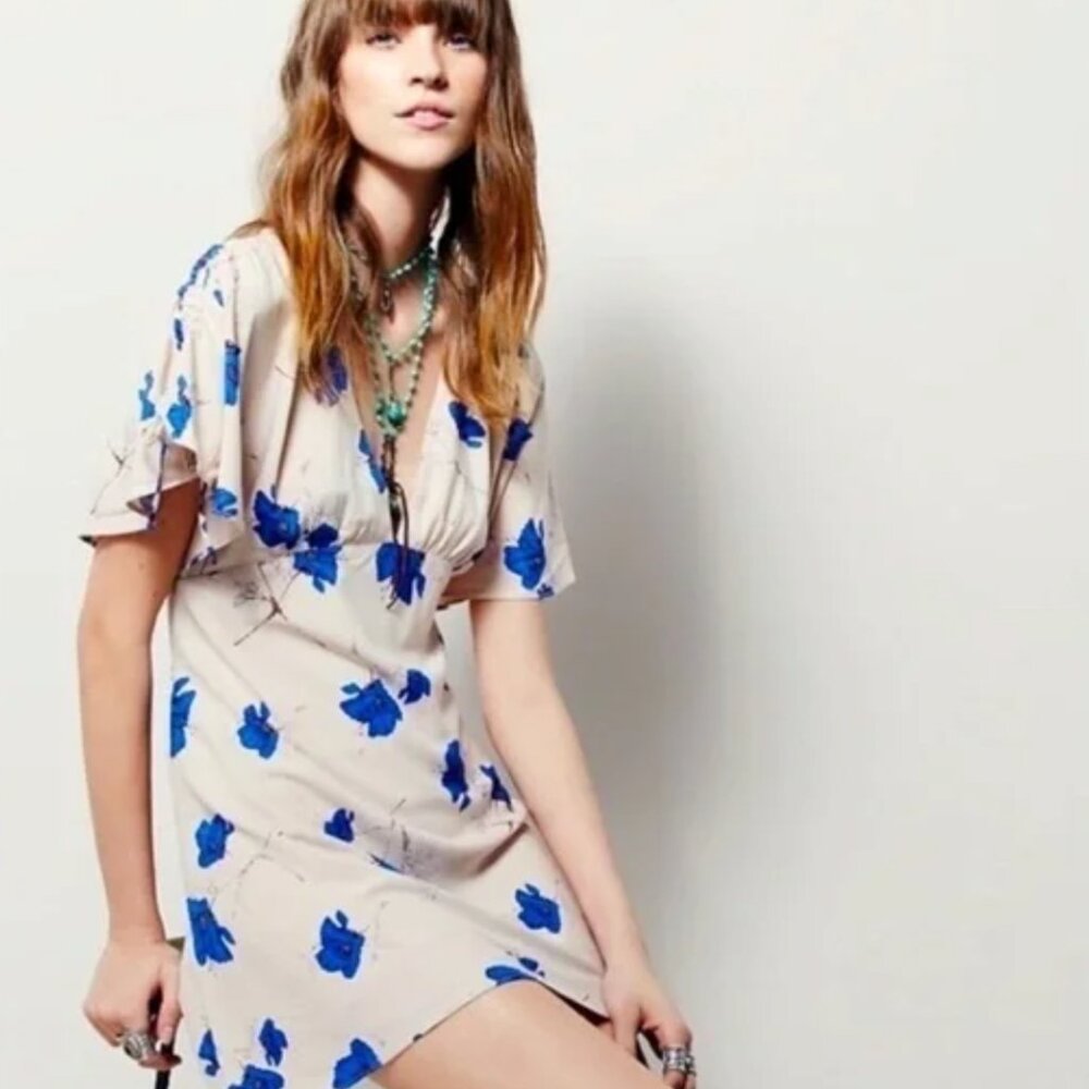 Free People Cream & Blue Floral Melanie Draped Floral Mini Dress